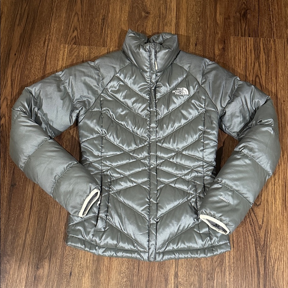 North Face Womens Medium Puffer Bubble Coat Winter Jacket Quilted Silver XS